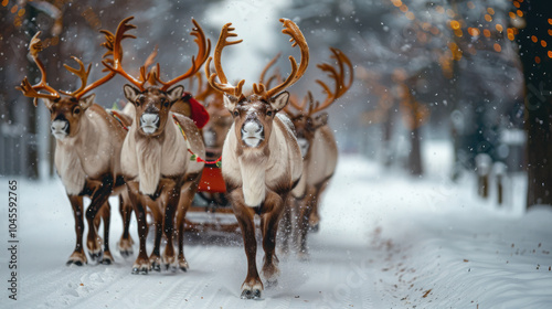 Reindeer in pairs pulling Santa's sleigh, side view.