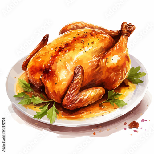 Baked whole golden cartoon chicken on white background