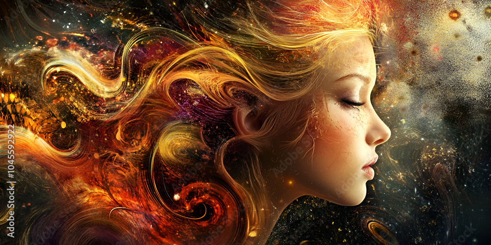 Cosmic Dream Portrait of a Woman with Swirling Colors Cosmic Dream Portrait of a Woman with Swirling Colors
