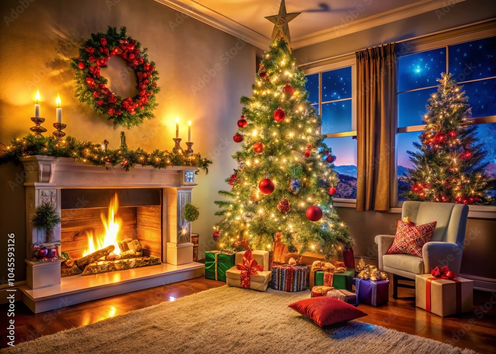 Obraz premium Christmas Tree by Cozy Fireplace - Warm Holiday Atmosphere for Home Decor and Celebrations