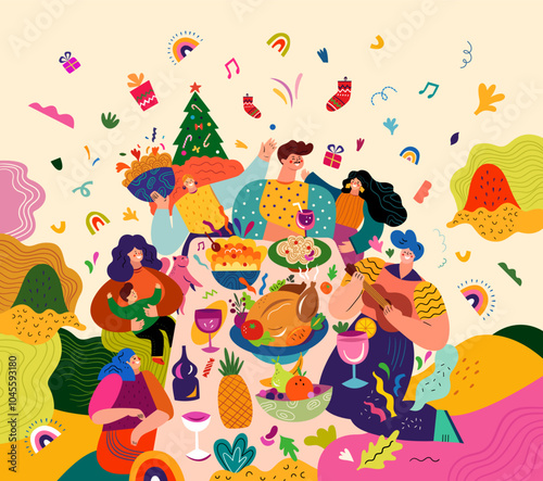 Happy New Year vector illustration. Happy people in a friendly company celebrate the New Year. Traditional holiday dinner in the family circle. Holiday New Year party. Christmas decorative banner 