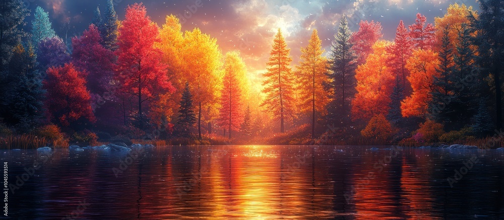 A serene autumn landscape with vibrant trees reflecting in a calm lake at sunset. A serene autumn landscape with vibrant trees reflecting in a calm lake at sunset.