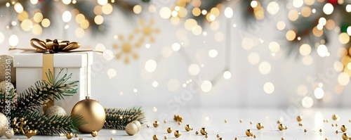 Beautifully arranged decorative elements featuring a gift box with a ribbon, surrounded by glittering lights and festive ornaments, creating a warm and inviting Christmas atmosphere for holidays.
