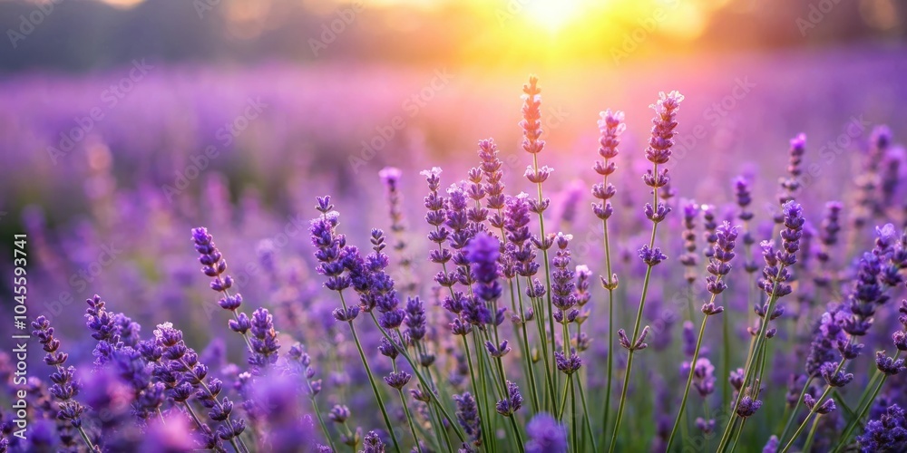 Naklejka premium A Close Up of Lavender Blossoms in a Field Bathed in the Warm Glow of a Setting Sun