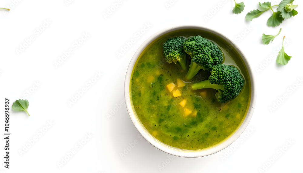 Overhead view of green soup with broccoli isolated with white highlights, png Overhead view of green soup with broccoli isolated with white highlights, png