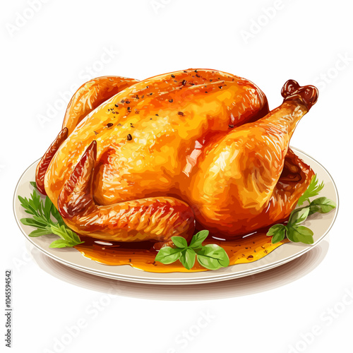 Baked whole golden cartoon chicken on white background