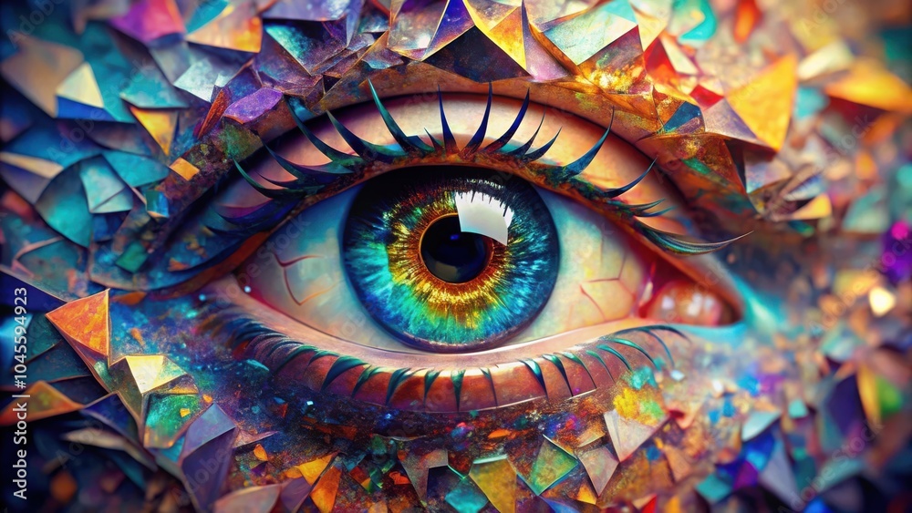Fototapeta premium A mesmerizing close-up of a vibrant blue eye, surrounded by a swirling abstract of iridescent, polygonal shapes.