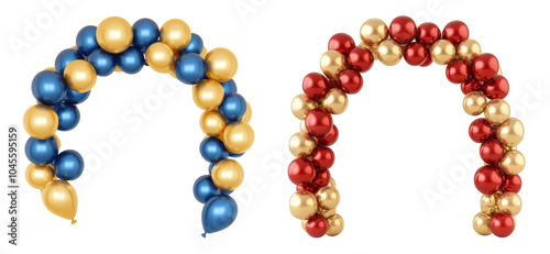 Balloon Arch Collection in Blue, Red, and Gold on Transparent Background