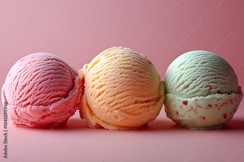 Three scoops of ice cream on a pink background Three scoops of ice cream on a pink background