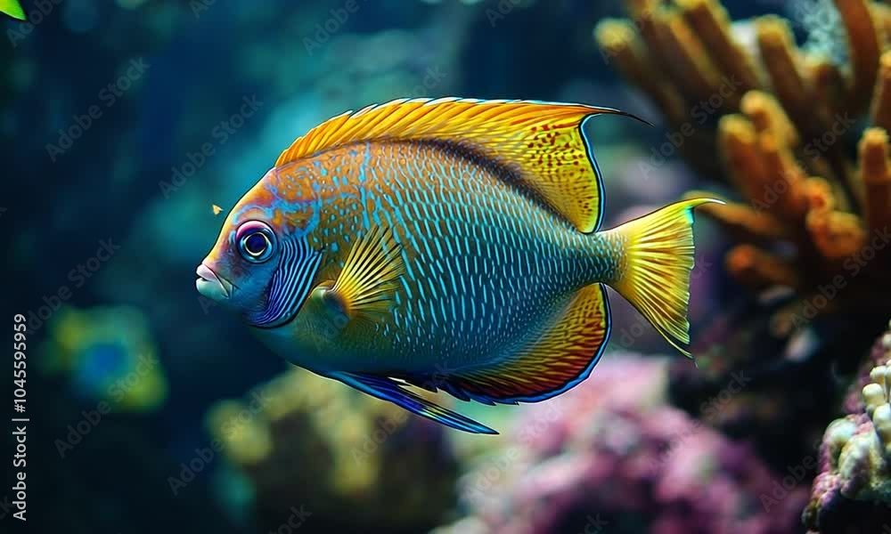 A vibrant fish swimming in a colorful underwater environment. A vibrant fish swimming in a colorful underwater environment.