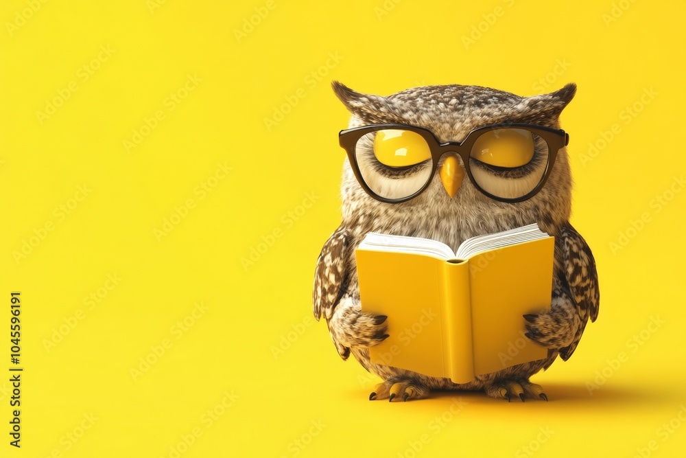 Fototapeta premium A clever owl stands upright, holding a bright yellow book and sporting glasses, surrounded by a vivid yellow backdrop that enhances its comical expression