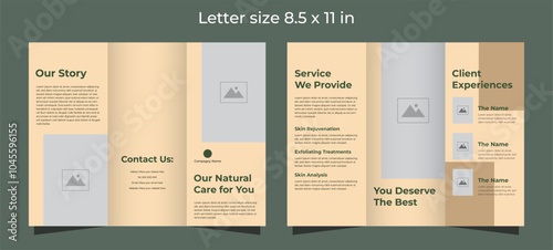 Trifold brochure for beauty care in beige and green colors