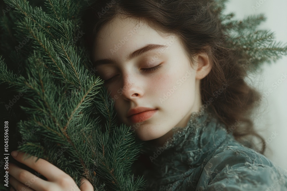 nature connection, in natures peaceful embrace, a woman cradles a majestic fir tree, its needles gently touching her in a welcoming gesture nature connection, in natures peaceful embrace, a woman cradles a majestic fir tree, its needles gently touching her in a welcoming gesture