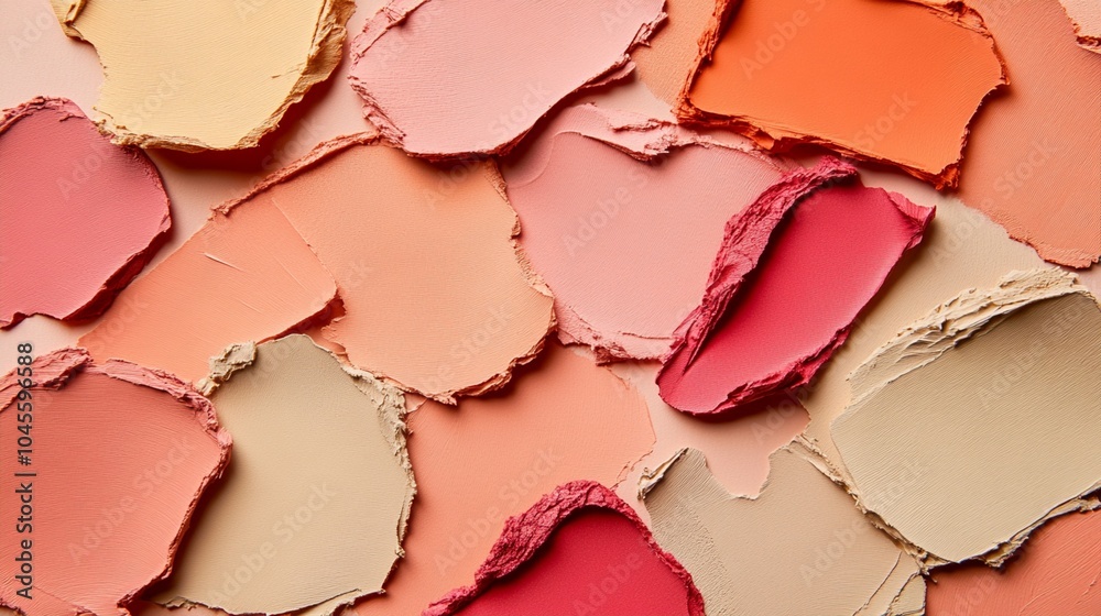 Crushed makeup powder palette in various shades of pink, peach, and nude tones creating a textured, abstract pattern of cosmetic artistry. Crushed makeup powder palette in various shades of pink, peach, and nude tones creating a textured, abstract pattern of cosmetic artistry.