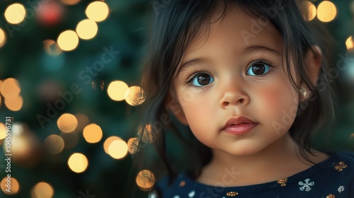 child toddler hispanic girl christmas tree background portrait.