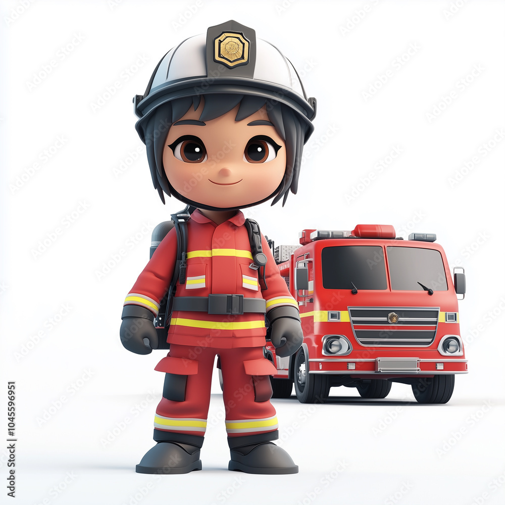 
a 3D  cartoon firefighter while spraying water with a hose in the fire. The firefighter wears a bright red helmet and full protective gear
