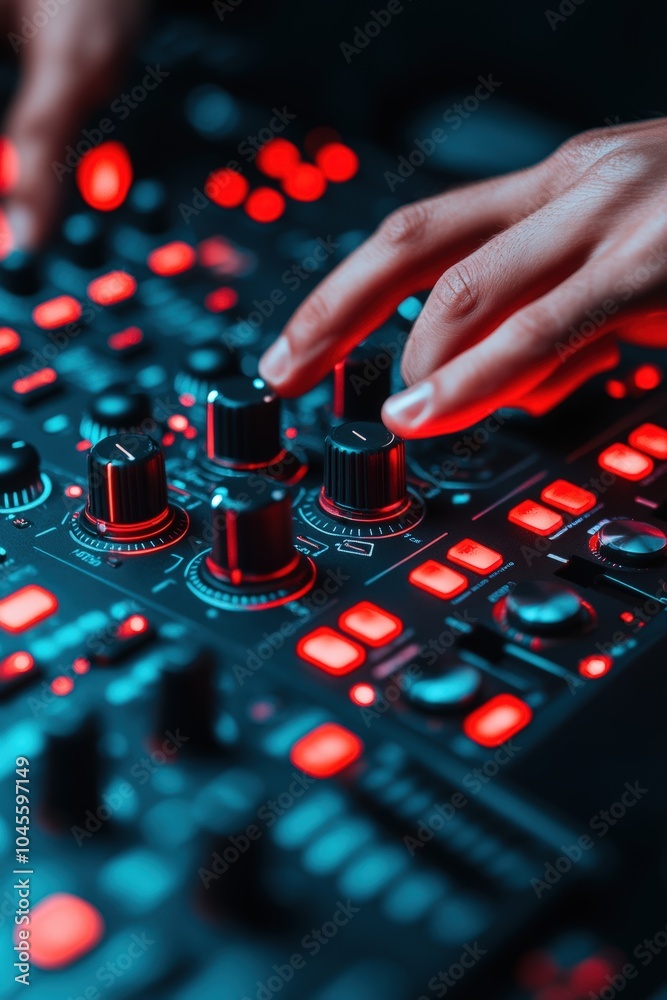 A DJ adjusts sound settings on a vibrant mixer surrounded by colorful lights at a night event A DJ adjusts sound settings on a vibrant mixer surrounded by colorful lights at a night event