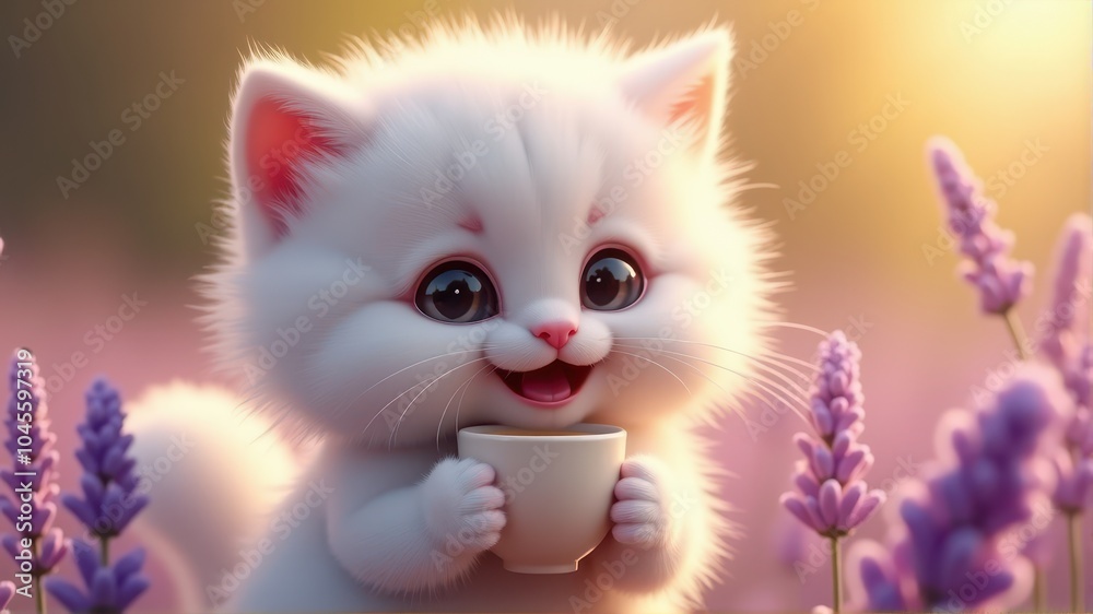 Adorable fluffy white kitten with big eyes holding a teacup, surrounded by vibrant lavender flowers in a sunlit field. Adorable fluffy white kitten with big eyes holding a teacup, surrounded by vibrant lavender flowers in a sunlit field.