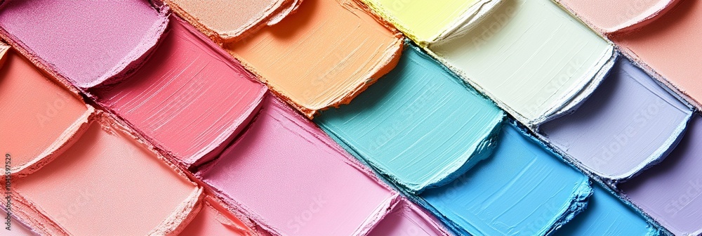 Vibrant palette of crushed makeup powders in pastel and bright hues, showcasing a spectrum of colors from soft pinks to bold blues in a closeup view. Vibrant palette of crushed makeup powders in pastel and bright hues, showcasing a spectrum of colors from soft pinks to bold blues in a closeup view.