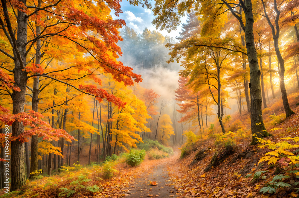 Fototapeta premium A Tranquil Autumn Trail Surrounded by Vibrant Orange and Yellow Foliage Under a Soft Morning Mist Invites Peaceful Wanderers to Explore Nature's Beauty