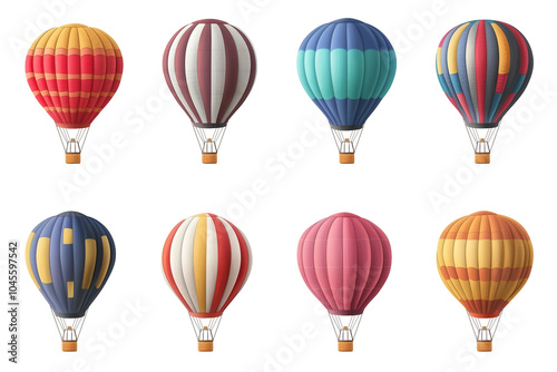 Collection set of colorful hot air balloons isolated on transparent or white background, png photo