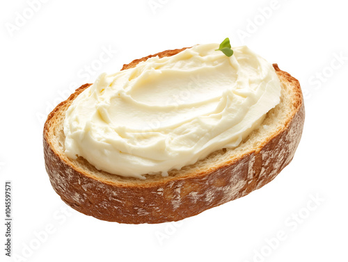 Slice of bread with cream cheese isolated on transparent or white background, png