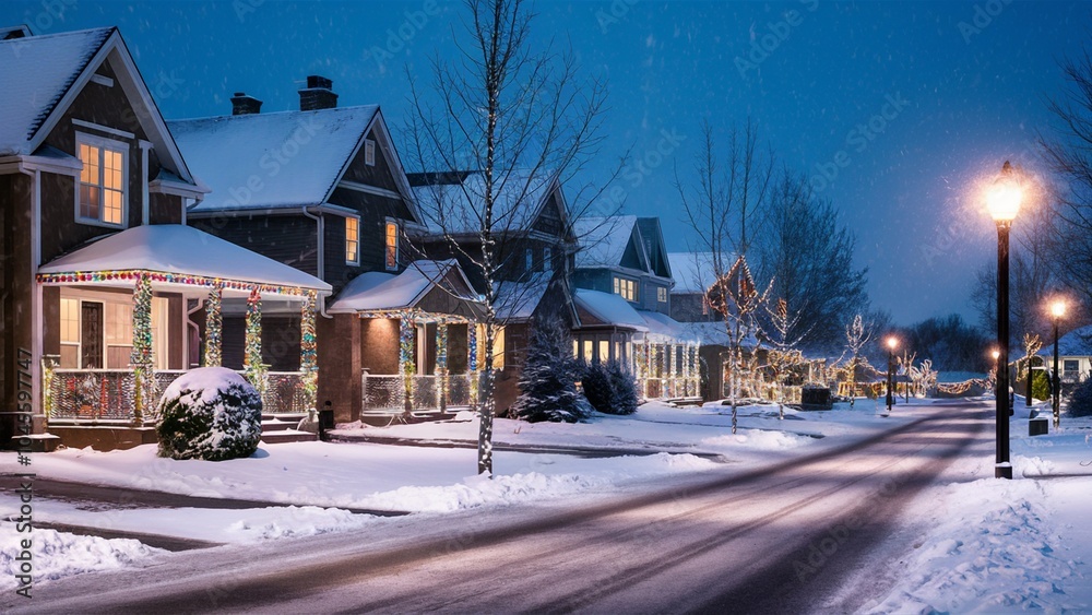 Festive Suburban Street on a Snowy Evening Festive Suburban Street on a Snowy Evening