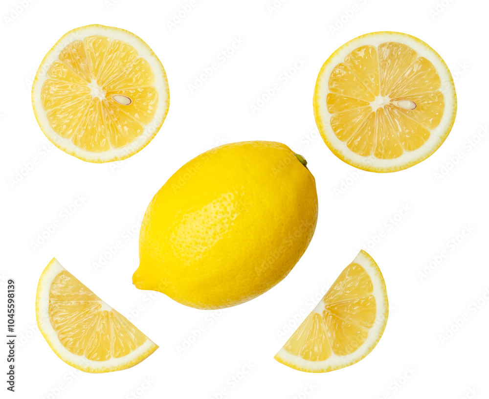 Top view set of fresh ripe yellow lemon fruits with halves and slices or quarters isolated with clipping path in png file format Top view set of fresh ripe yellow lemon fruits with halves and slices or quarters isolated with clipping path in png file format