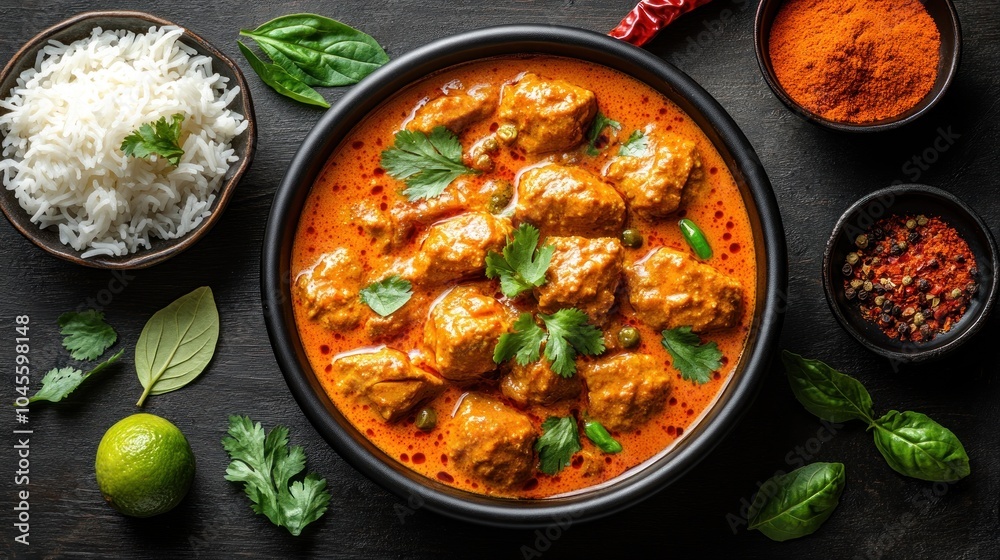 A bowl of delicious chicken curry with rice, chili peppers, lime wedges, and spices. A bowl of delicious chicken curry with rice, chili peppers, lime wedges, and spices.