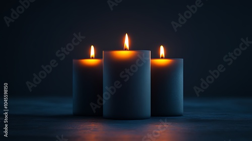 Three white candles are lit in the dark, casting a warm glow.