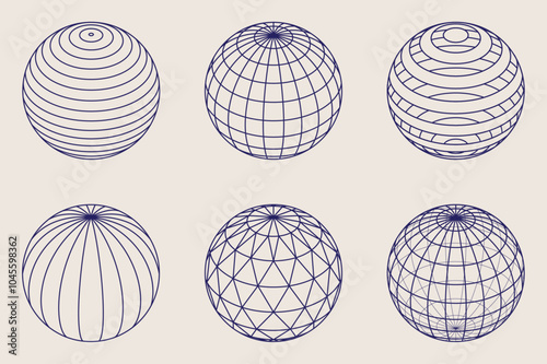 Wireframe spheres, globes. Line design, editable strokes. Set of balls with different graphic motifs. Vector illustration