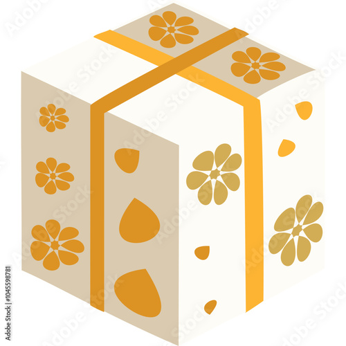 White gift box with yellow floral decorations and ribbon.
