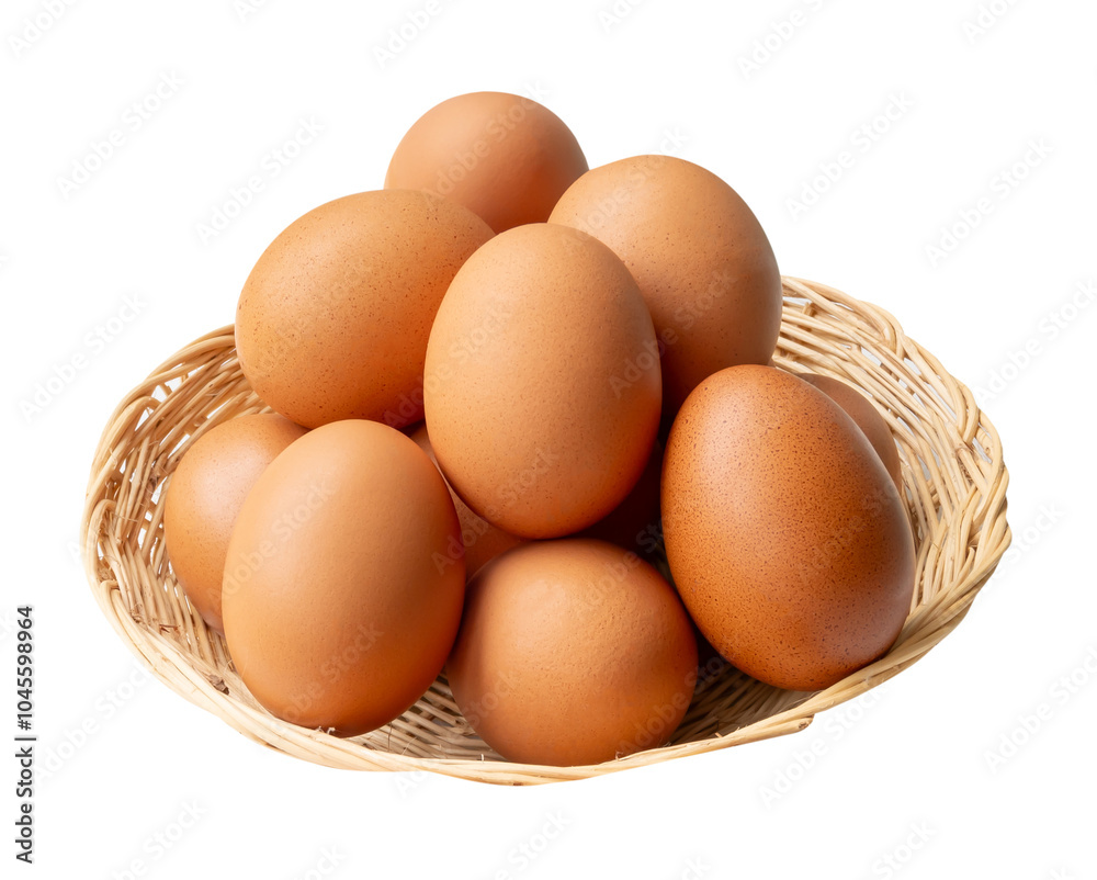 Top view of group of fresh brown chicken eggs in stack in wicker basket isolated on white background with clipping path Top view of group of fresh brown chicken eggs in stack in wicker basket isolated on white background with clipping path