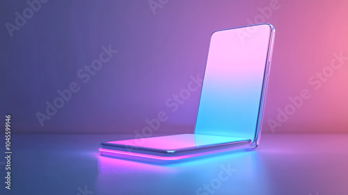 sleek, futuristic mobile phone is showcased with glowing gradient of blue and pink hues, emphasizing its modern design and innovative features