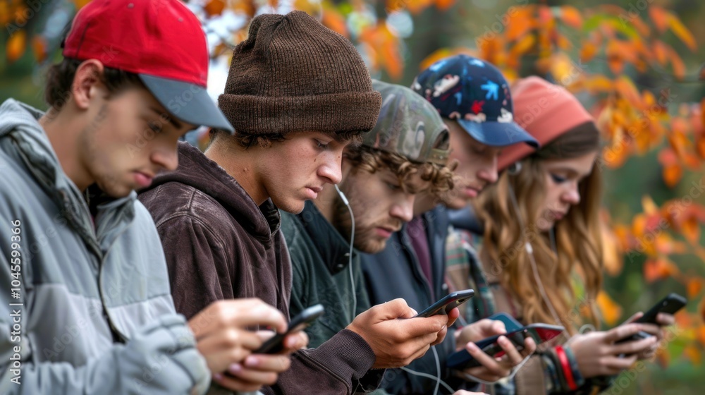 Obraz premium Many individuals absorbed in their smartphones amid vibrant autumn foliage