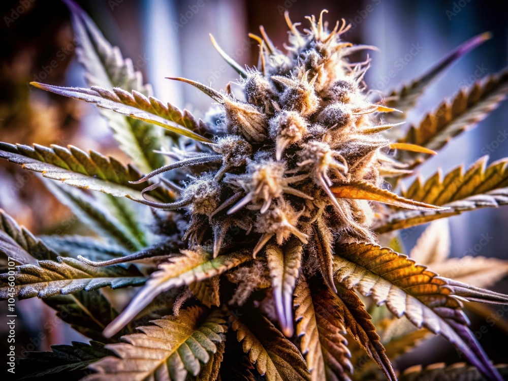 Obraz premium Close Up of Cannabis Plant in Vintage Style Photography for CBD and THC Cultivation with Buds and Leaves