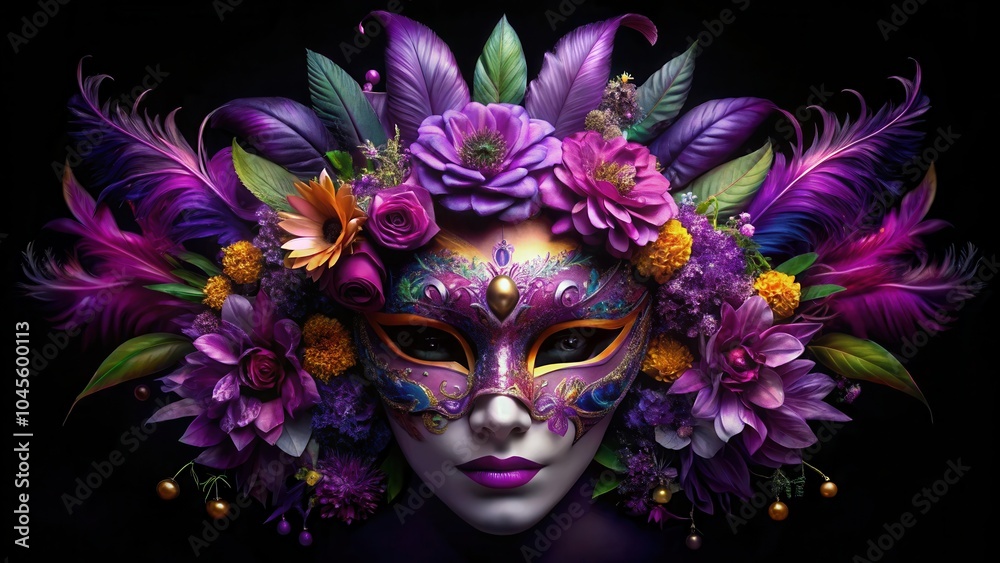 A mysterious purple masquerade mask adorned with vibrant flowers and delicate feathers, creating a captivating and whimsical visual. A mysterious purple masquerade mask adorned with vibrant flowers and delicate feathers, creating a captivating and whimsical visual.