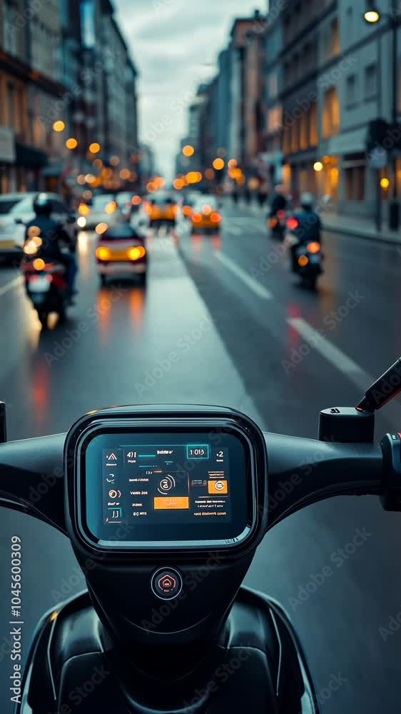 Evening ride through city streets showcasing vibrant traffic and smart scooter dashboard in twilight Evening ride through city streets showcasing vibrant traffic and smart scooter dashboard in twilight