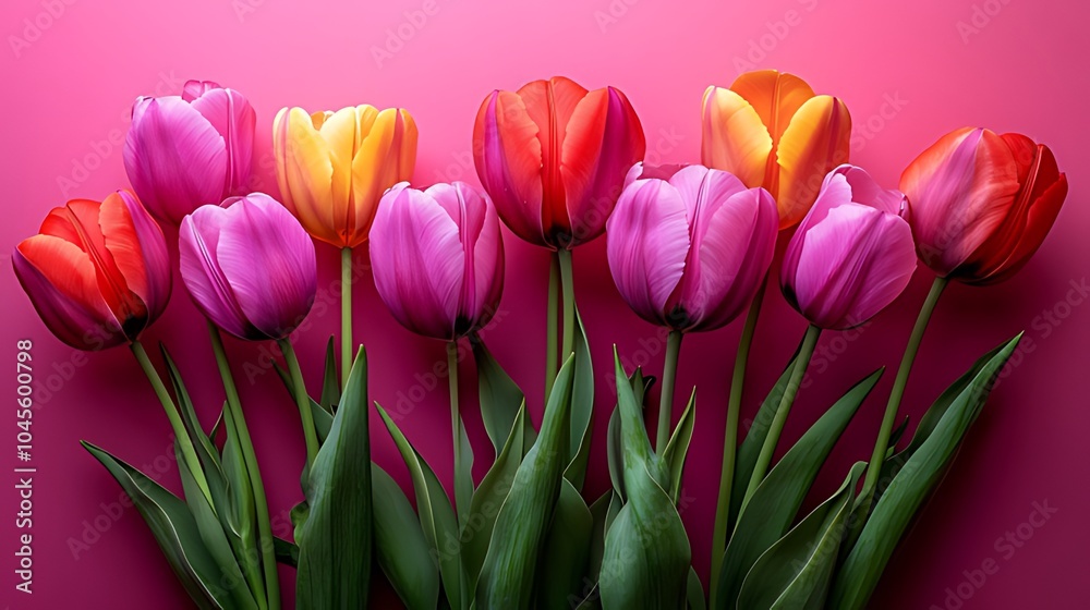 Fototapeta premium A vibrant bouquet of tulips in shades of pink, orange, and yellow arranged against a pink background.