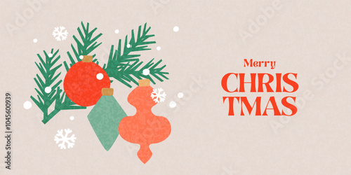 Merry Christmas greeting card, web banner, holiday background. Modern beautiful Xmas design with typography, Christmas tree branches, balls and snowflakes. Minimal art poster, cover, ads template photo