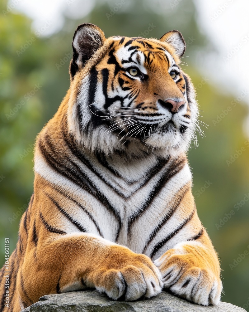 Fototapeta premium A majestic tiger sits on a rock, its gaze fixed on something in the distance. Its orange and black stripes are clearly visible, as are its sharp claws.