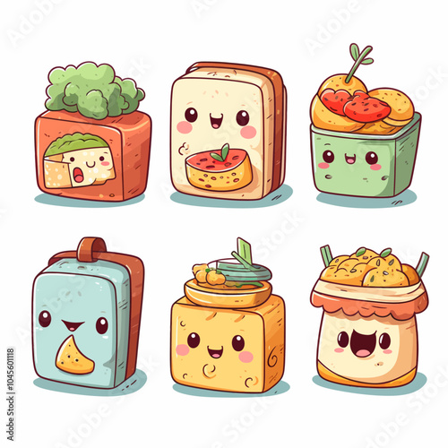 Boxes and packages with food for kids lunch time, cartoon lunchbox