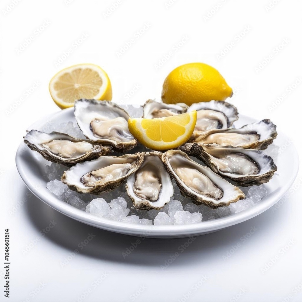 Oysters served on a white plate with ice and lemon, presented on an isolated white background. AI generated. Oysters served on a white plate with ice and lemon, presented on an isolated white background. AI generated.