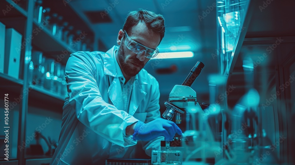 Scientist in lab coat analyzes samples using microscope in a modern laboratory during nighttime