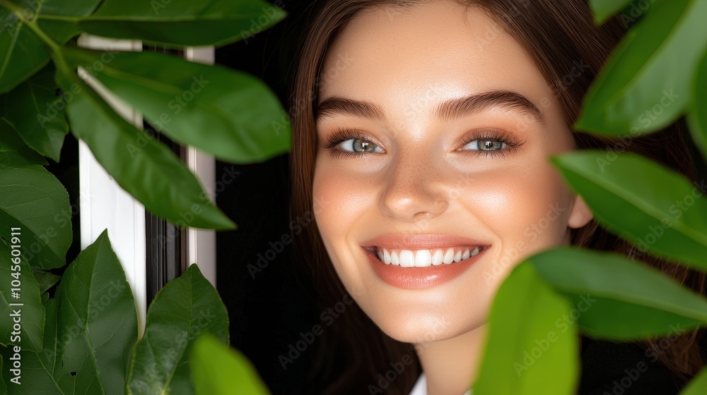 Happy Woman Smiling Through Green Leaves Portrait Photography Happy Woman Smiling Through Green Leaves Portrait Photography