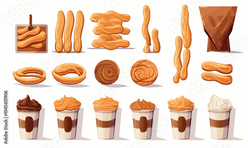 Churros set vector illustration. Cartoon isolated sweet takeaway fast food collection 