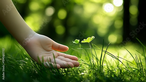 Child's Hand Gently Resting on Grass