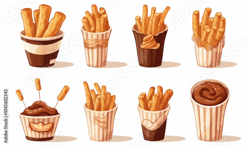 Churros set vector illustration. Cartoon isolated sweet takeaway fast food collection with churro sticks