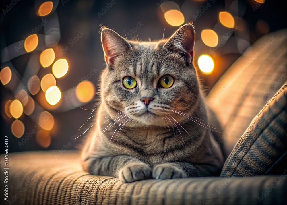 Close-up Portrait of a Serious British Cat in Low Light on a Sofa Close-up Portrait of a Serious British Cat in Low Light on a Sofa