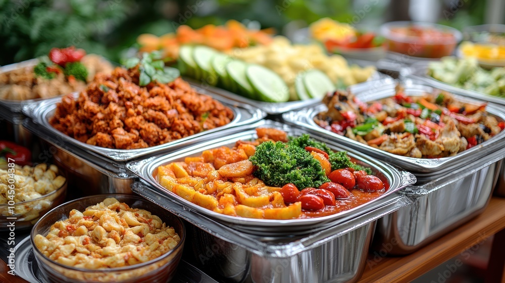 Obraz premium A buffet table filled with various food dishes, including pasta, meat, vegetables, and salad.